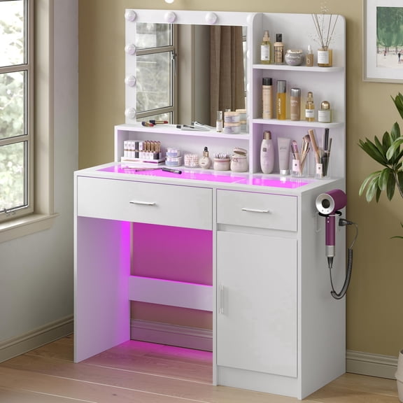 White Vanity Desk with Mirror & LED Lights, Glass Top, Power Outlet, 36 Modes Dimmable RGB Drawers, Makeup Dressing Table for Bedroom