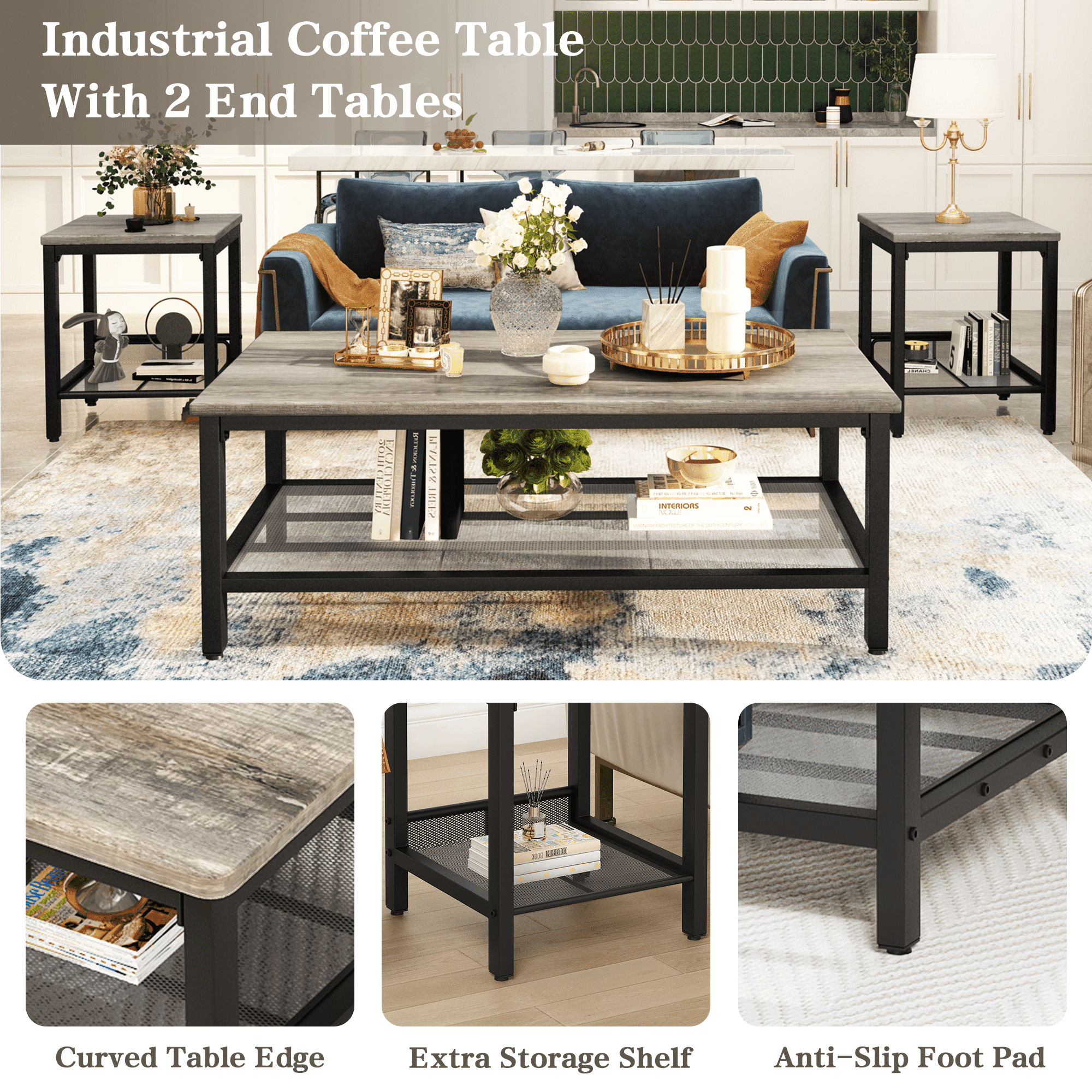 MIERES Living Room Coffee Table Set, Coffee Table and Side Table Combination, Metal Frame Coffee Table Set, Suitable for Living Rooms, Apartments, Offices, Farmhouse Gray