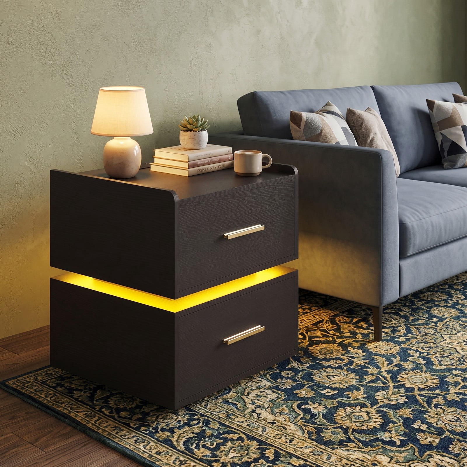 Furnibear LED Nightstand with Charging Station and 2 Storage Drawers, RGB Bedside Table with Semi-floating Design for Bedroom, Black