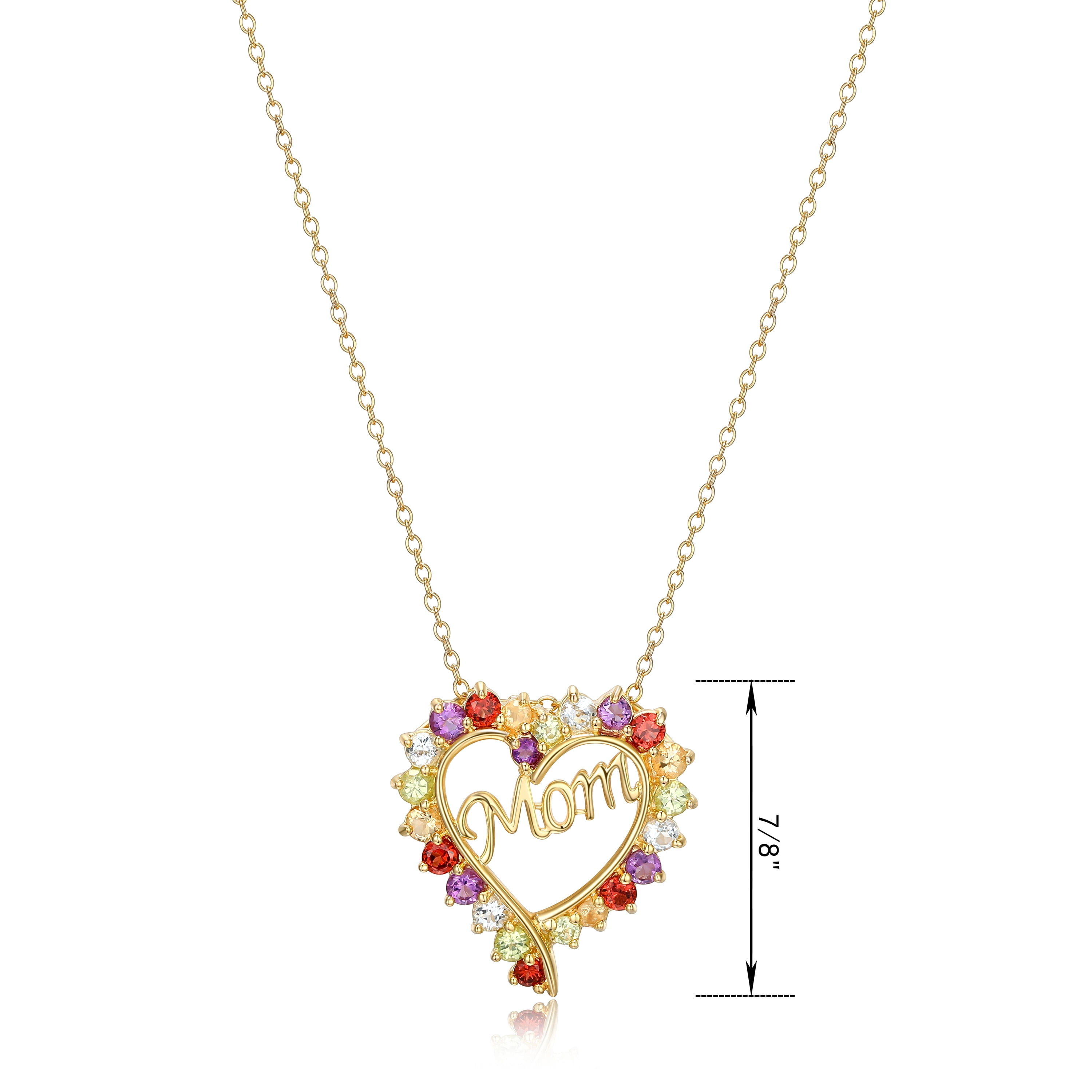 18K Yellow Gold Plated 925 Sterling Silver Multi Genuien Gemstone "Mom" Heart Pendant Neckalce Mother's Day Gift For Her, 18"