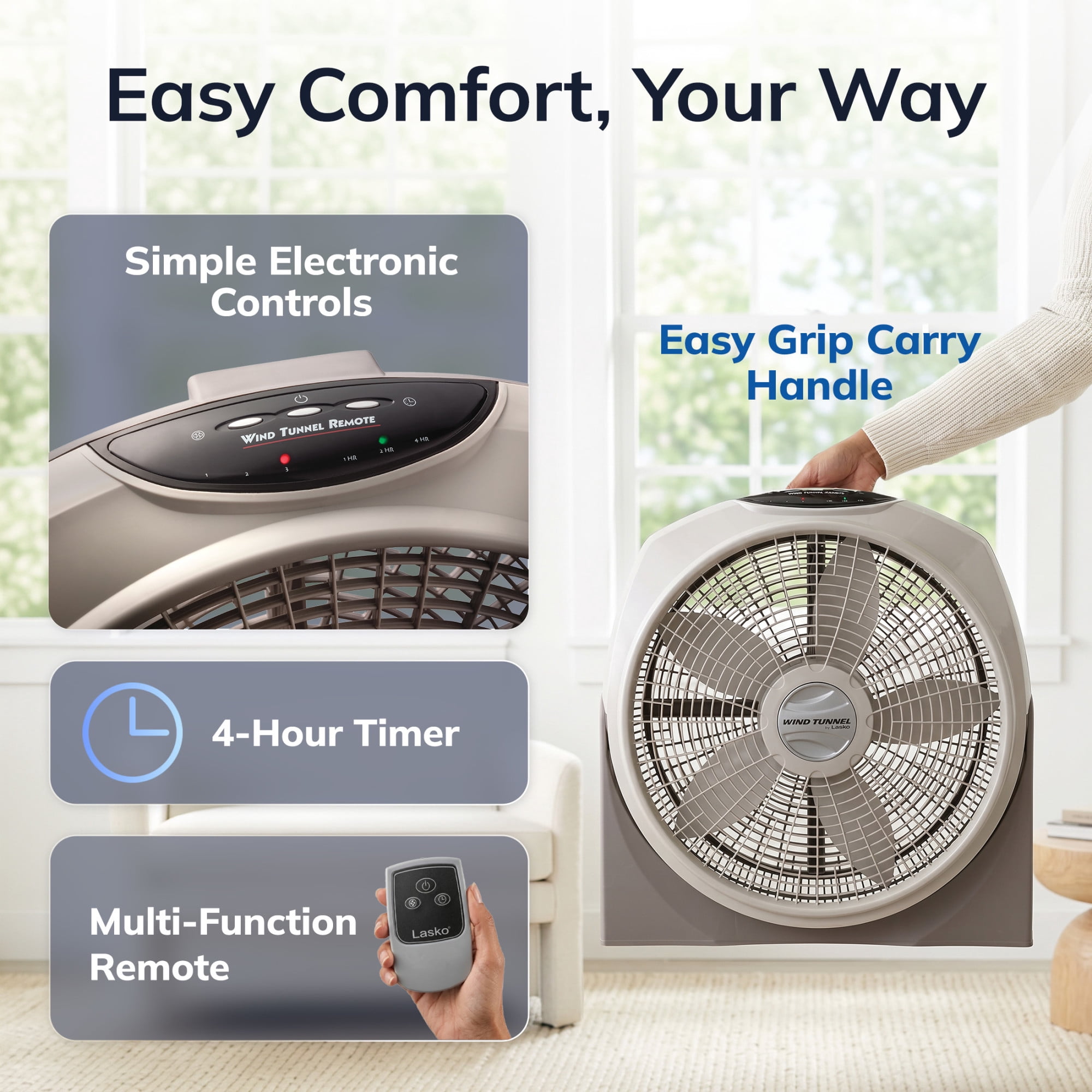 Lasko Wind Tunnel 20" Large Floor Fan with Remote Control, 3 Speeds, Pivoting Fan Head with Wall Mount Option, Gray, A20700