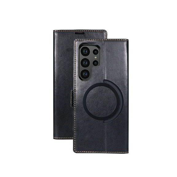 Compatible with Samsung Galaxy S23 Ultra Magnetic Wallet Case with RFID Blocking Leather Kickstand Magsafe Case-Black