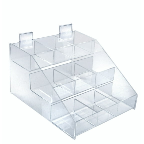 Three-Tier Shelf, 9 Compartment Counter Step Display, 12" wide