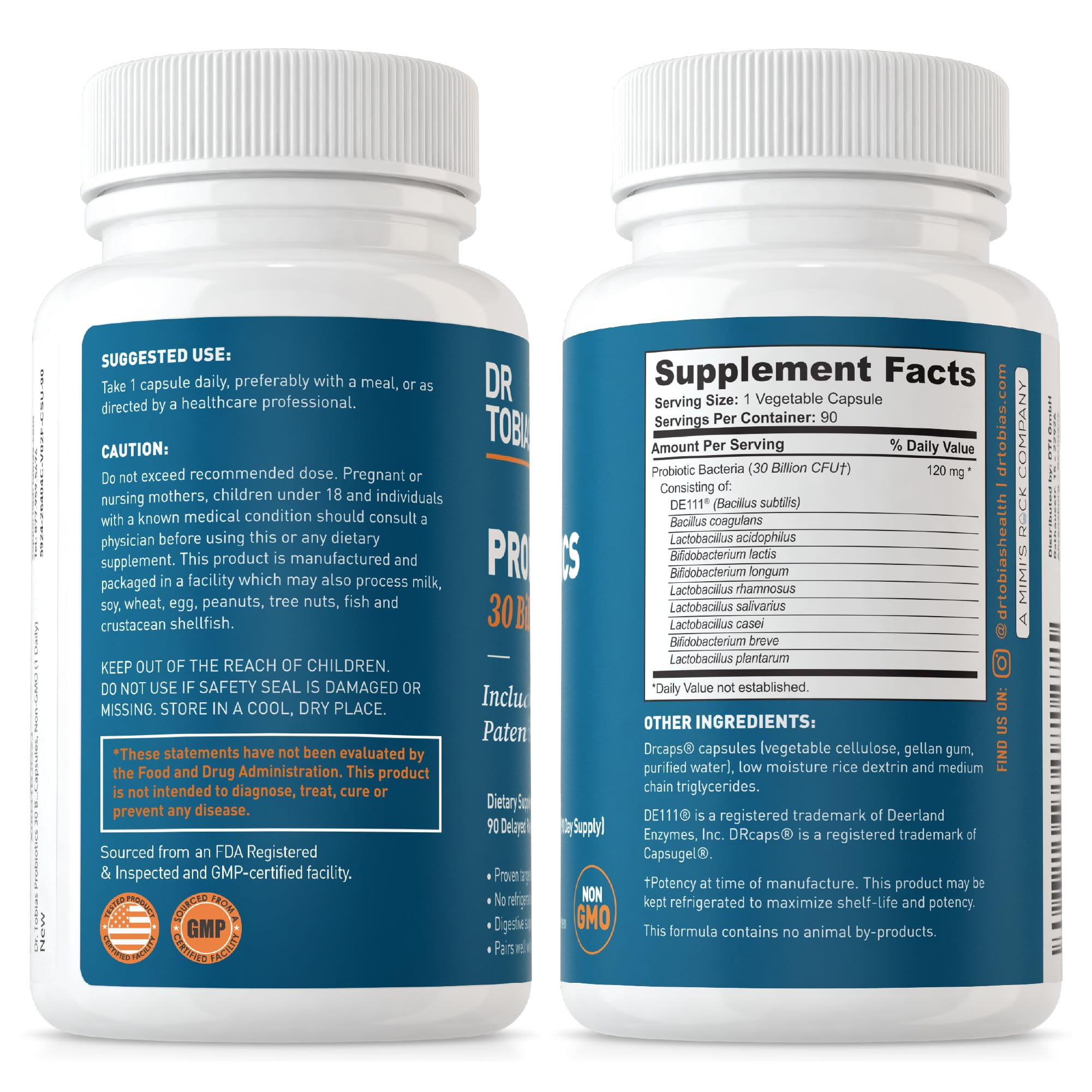 Dr. Tobias Probiotics 30 Billion, 10 Strains, 30 Billion CFU's, Targeted Release Probiotics for Women & Men, Supports Digestive Health, Shelf-Stable, Non-GMO, 90 Capsules, 90 Servings