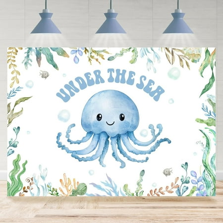 7x5FT Under The Sea Backdrop Blue Octopus Theme Baby Shower Sea Grass Fish Photography Background for Newborn Party Decoration Supplies Cake Table Banner Photo Booth Studio Props