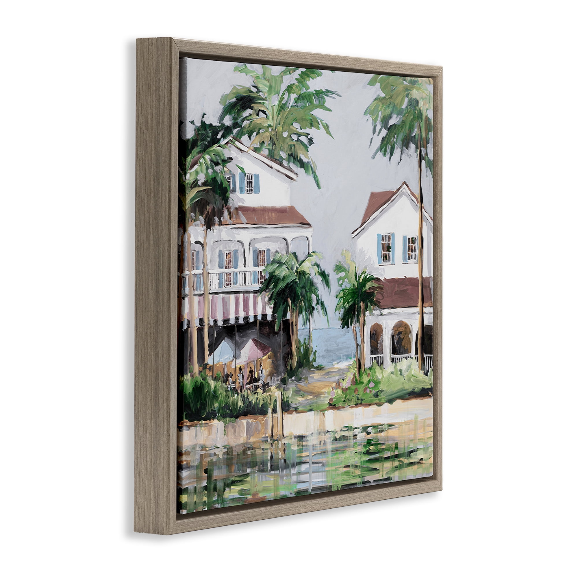 Stupell Industries Coastal Bay Cottages Coastal Painting Brown Floater Framed Canvas Art Print Wall Art, 25 x 25