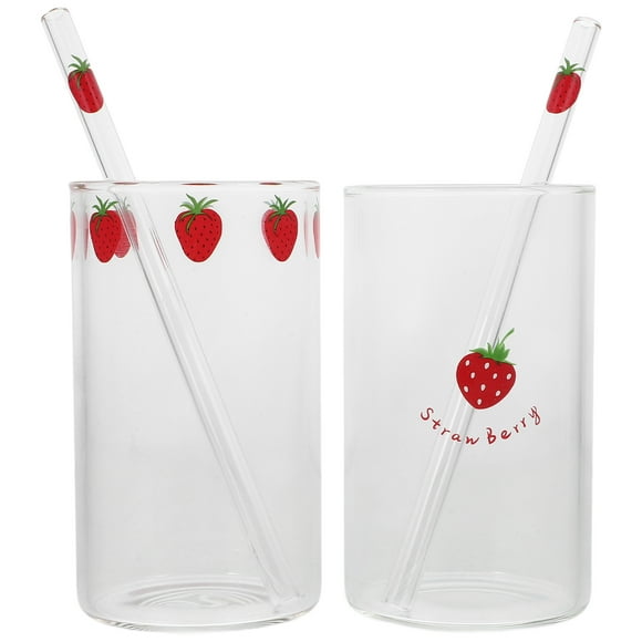 2 vasos de vidrio con forma de fresa y pajita, transparentes, para agua, jugo, leche, café y té