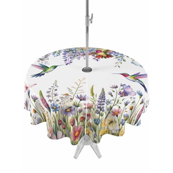 Outdoor Tablecloths with Umbrella Hole & Zipper, Watercolor Floral Round Tablecloth 54 Inch, Spring Daisy Sunflowers Wisteria Hummingbird Waterproof Table Cloth, Patio/Pool/Picnic Table Covers
