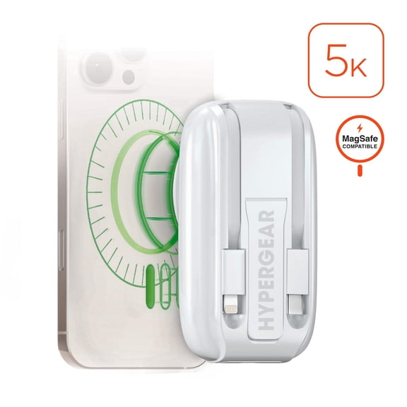 5,000mAh | Mag Grip Go Magnetic Wireless Fast Charge Power Bank with Built-In Cables | White