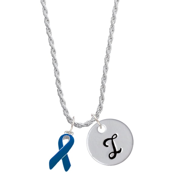 Delight Jewelry Silvertone Blue Ribbon Silvertone Script Initial Disc - I - Charm Necklace, 20"+3"