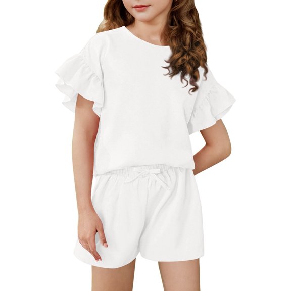 Girl's 2 Piece Outfit Ruffle Trim Flounce Short Sleeve Top and Drawstring High Waist Shorts Set