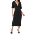 thumbnail image 2 of INSPIRE CHIC Deep V Neck Women's Short Sleeve a Line Swing Flared Midi Dress Black S, 2 of 5