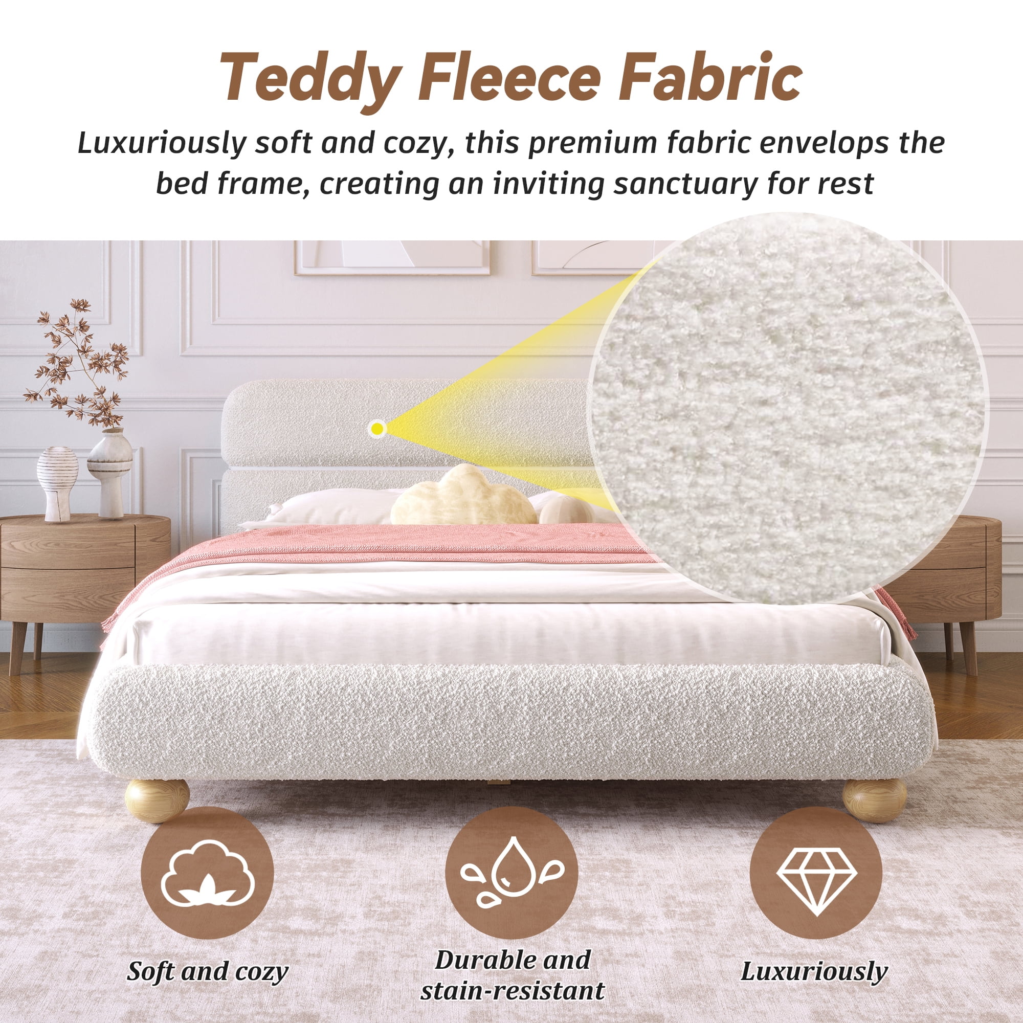 Euroco Teddy Fleece Fabric Queen Size Platform Bed with Round Legs, White