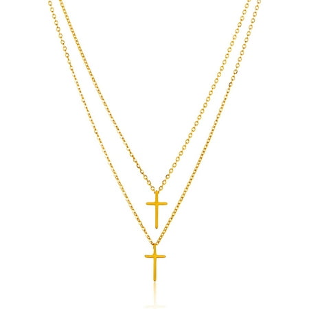 ELYA Gold IP Cross Dual-Layered Stainless Steel Cable Chain Pendant Necklace (2mm), 16