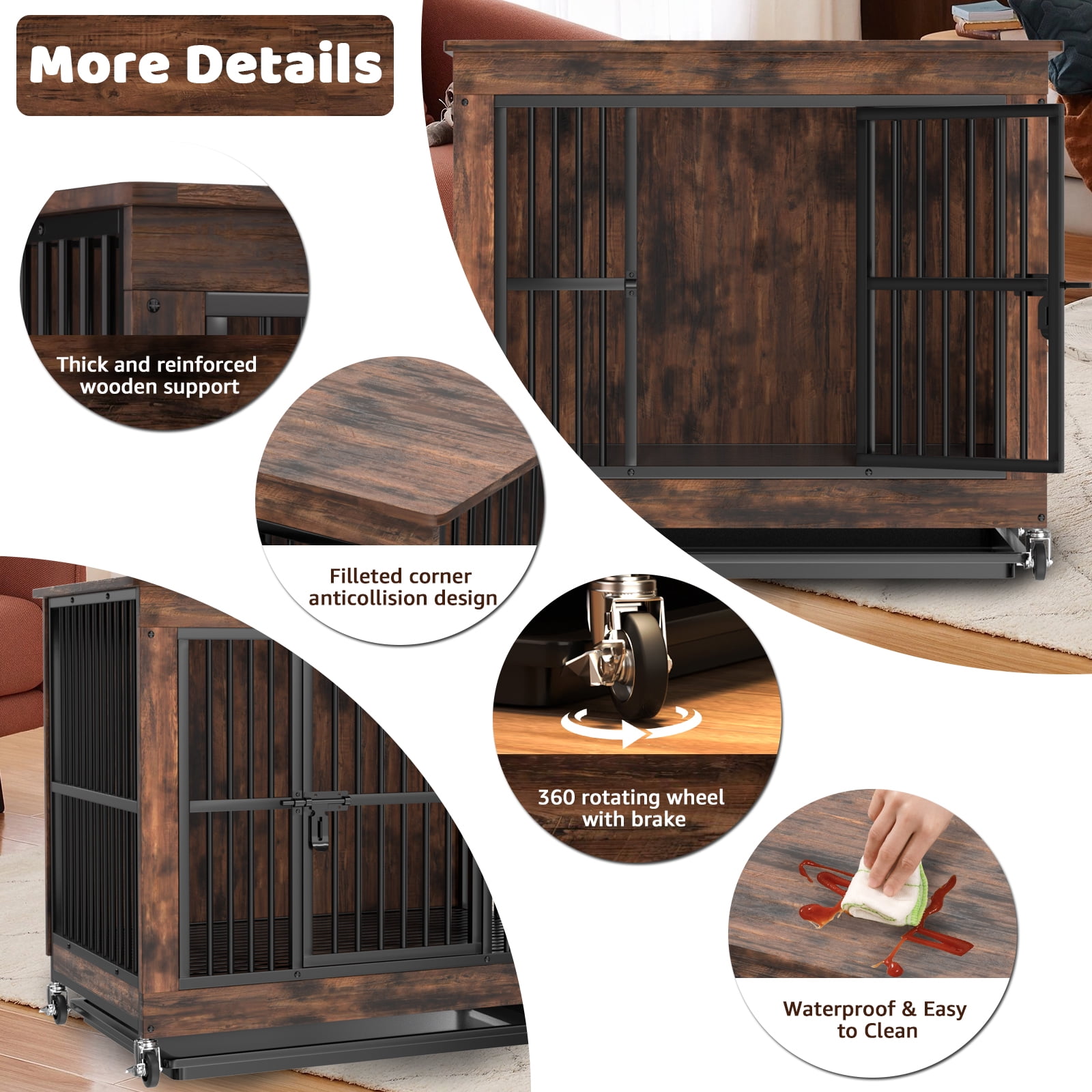 PRIJESSE 39 Inch Chew Proof Dog Crate Furniture, Rustic Brown Wooden End Table with Removable Top & Pull-Out Tray for Large Dogs, Indoor Kennel House
