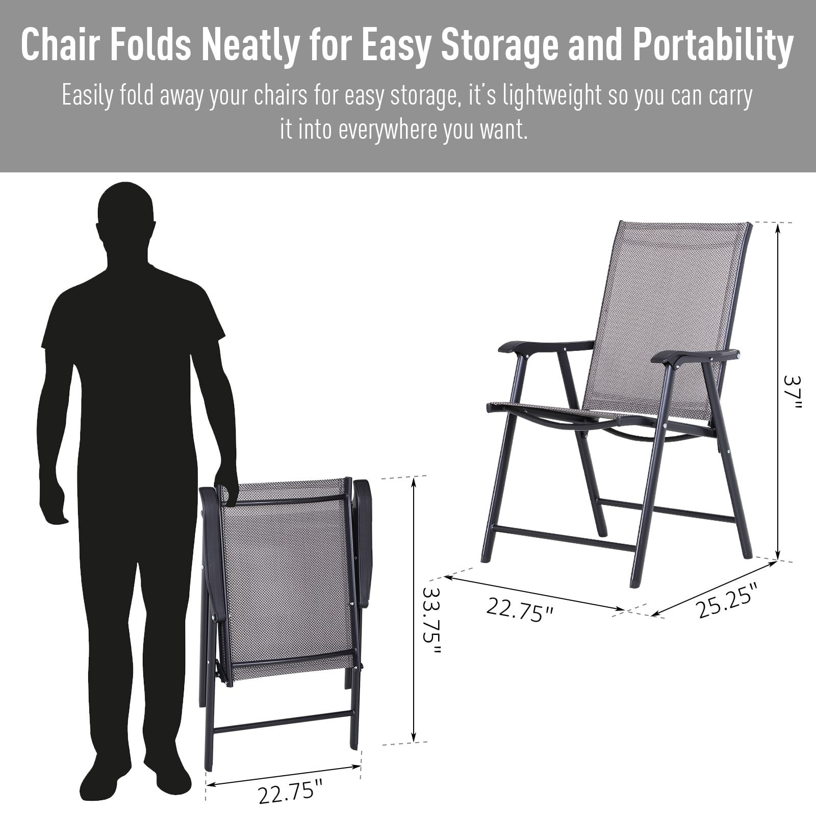 4 Pack Outdoor Folding Patio Chairs with Armrests, Breathable Mesh Sling Foldable Lawn Chairs Powder Coated Steel Frame Supports 230lbs for Camping Beach Tailgating