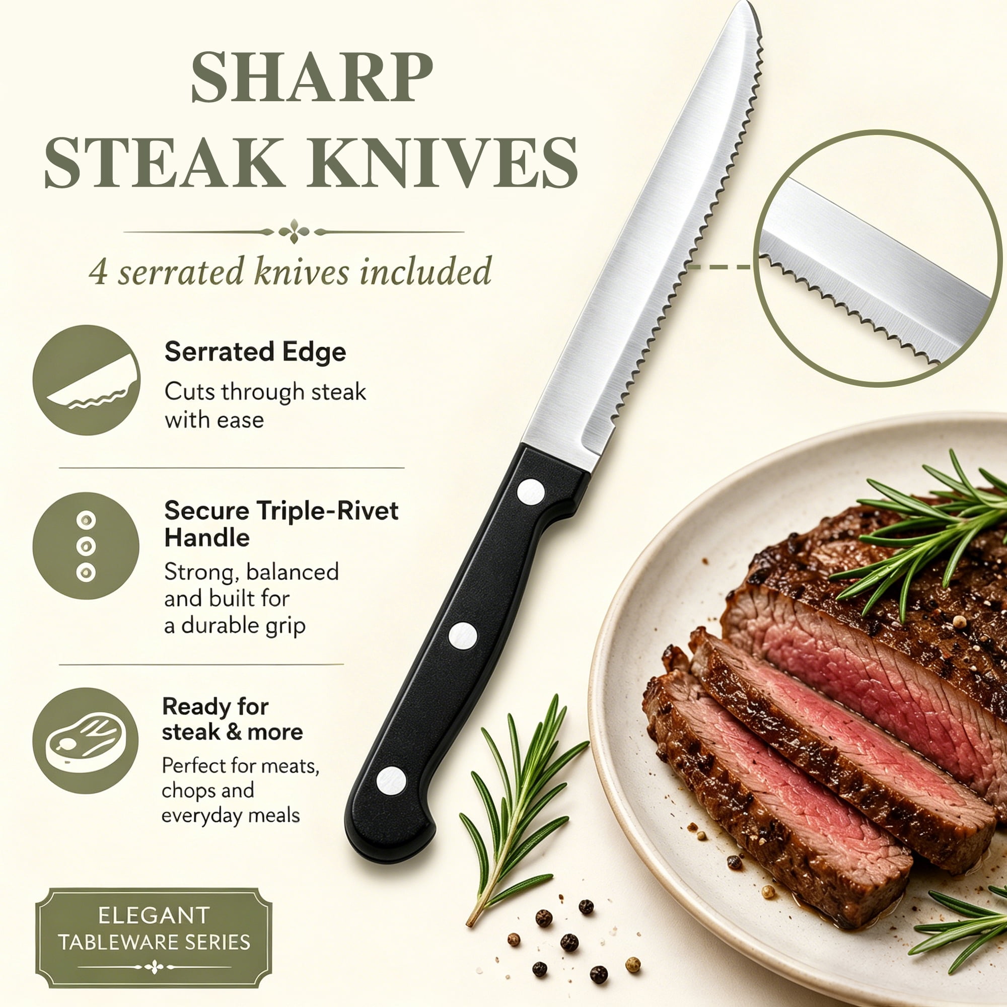 TINANA Silverware Sets, 24 PCS Flatware Set for 4, Stainless Steel Cutlery Utensil Set with Steak Knives Mirror Polished Forks and Spoons, Silver