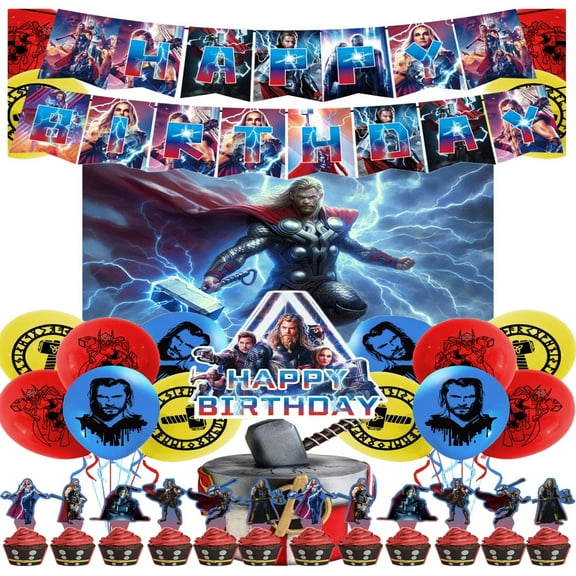 Thor cartoon party supplies, superhero birthday party decorations including happy birthday banner, balloons, cake topper