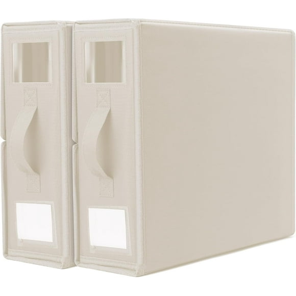 shiyou-2 Pack Bed Sheet Organizer, Bed Sheet Storage Box with Window, Handle and Label, Foldable Bedding Organizer, for Bedding, Blankets, Thin Clothes (Beige)