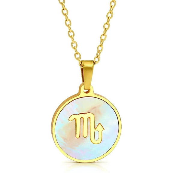 Giorgio Bergamo Stainless Steel Gold Plated Mother of Pearl Zodiac Disc Pendant, Astrology, Horoscope, Constellation Mens Womens Necklace, Free Micro Fiber Cloth, Scorpio