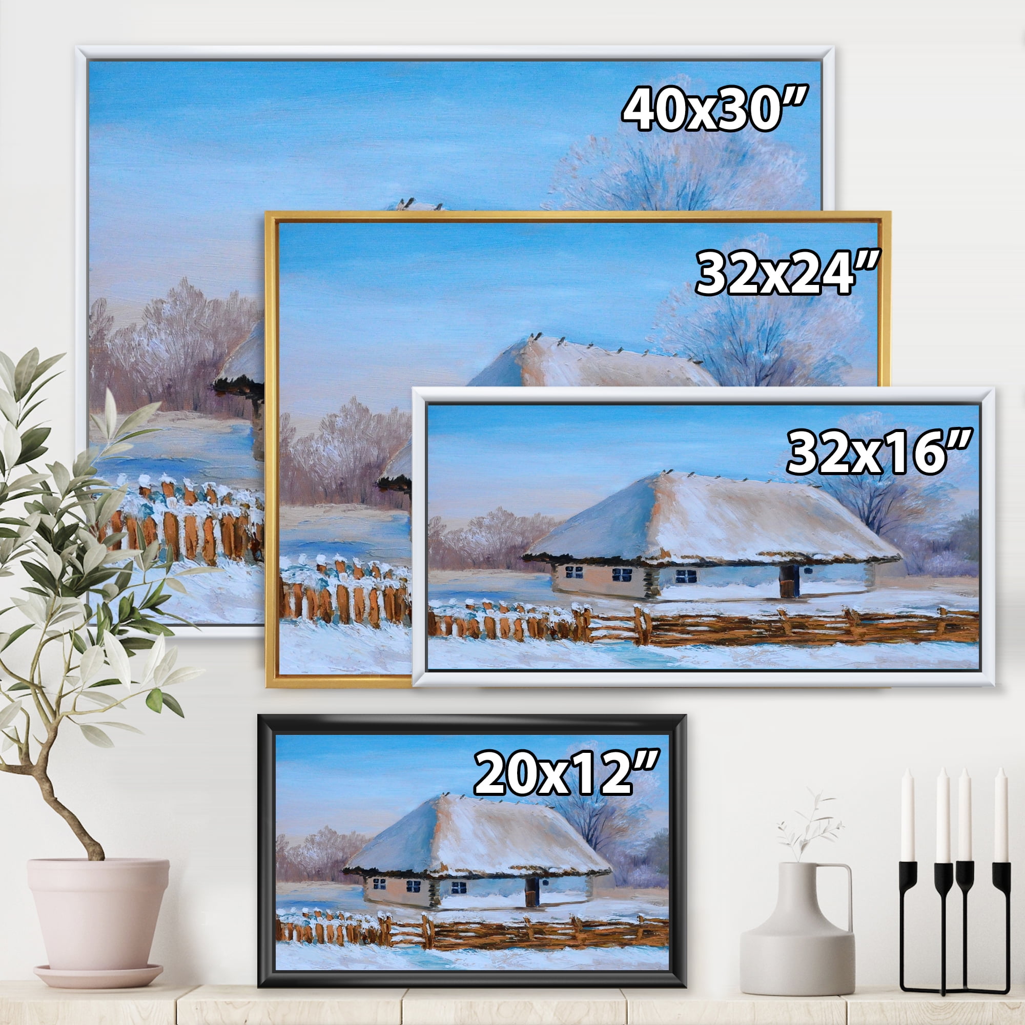 Designart 'Traditional Cottage Covered With Snow In Winter I' Traditional Framed Canvas Wall Art Print