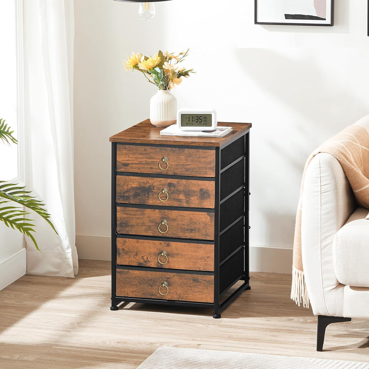 5-Drawer Chest, File Cabinet, Office Cabinet with Drawers, Rolling Printer Stand, Filing Cabinet for Living Room, Home Office, Nonwovens Drawer, Easy Assembly, Rustic Brown