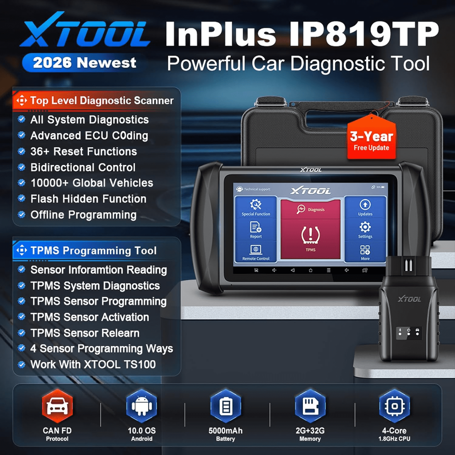 XTOOL IP819TP + 4PCS TS100 Sensors OBD2 Scanner Bluetooth TPMS Diagnostic Tool Full System Bidirectional Scan Tool, Activate/Relearn All Sensors, 39+ Services