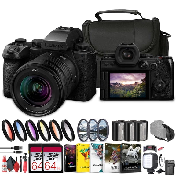 Panasonic Lumix S5 IIX Mirrorless Camera with 20-60mm Lens (DC-S5M2XKK)   2 x 64GB Memory Card   Filter Kit   Color Filter Kit   Corel Photo Software   2 x DMW-BLK22 Battery   Bag   Charger   More