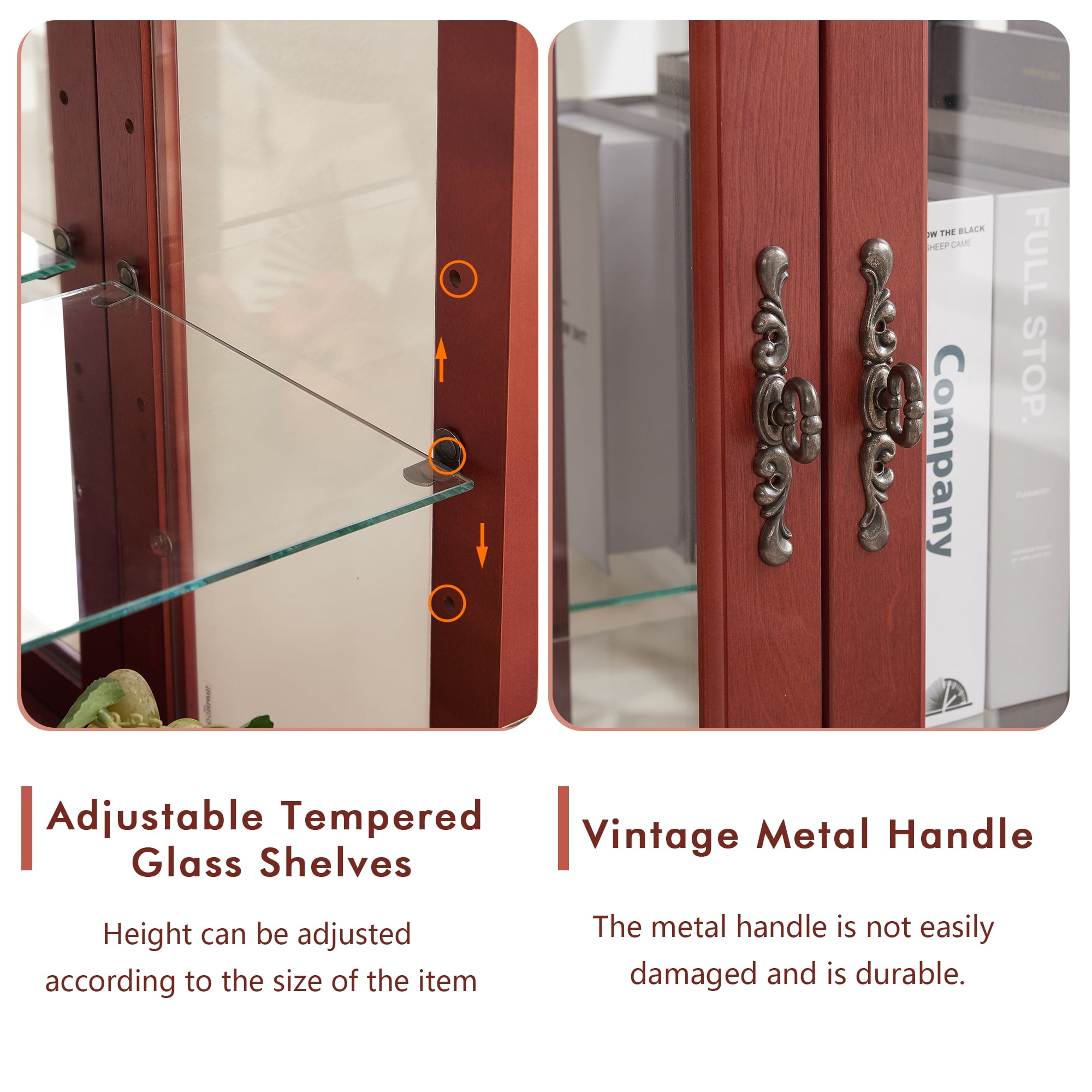 Miniyam Curio Display Cabinet with Light, Tempered Glass Doors, Adjustable Shelves, Cheery