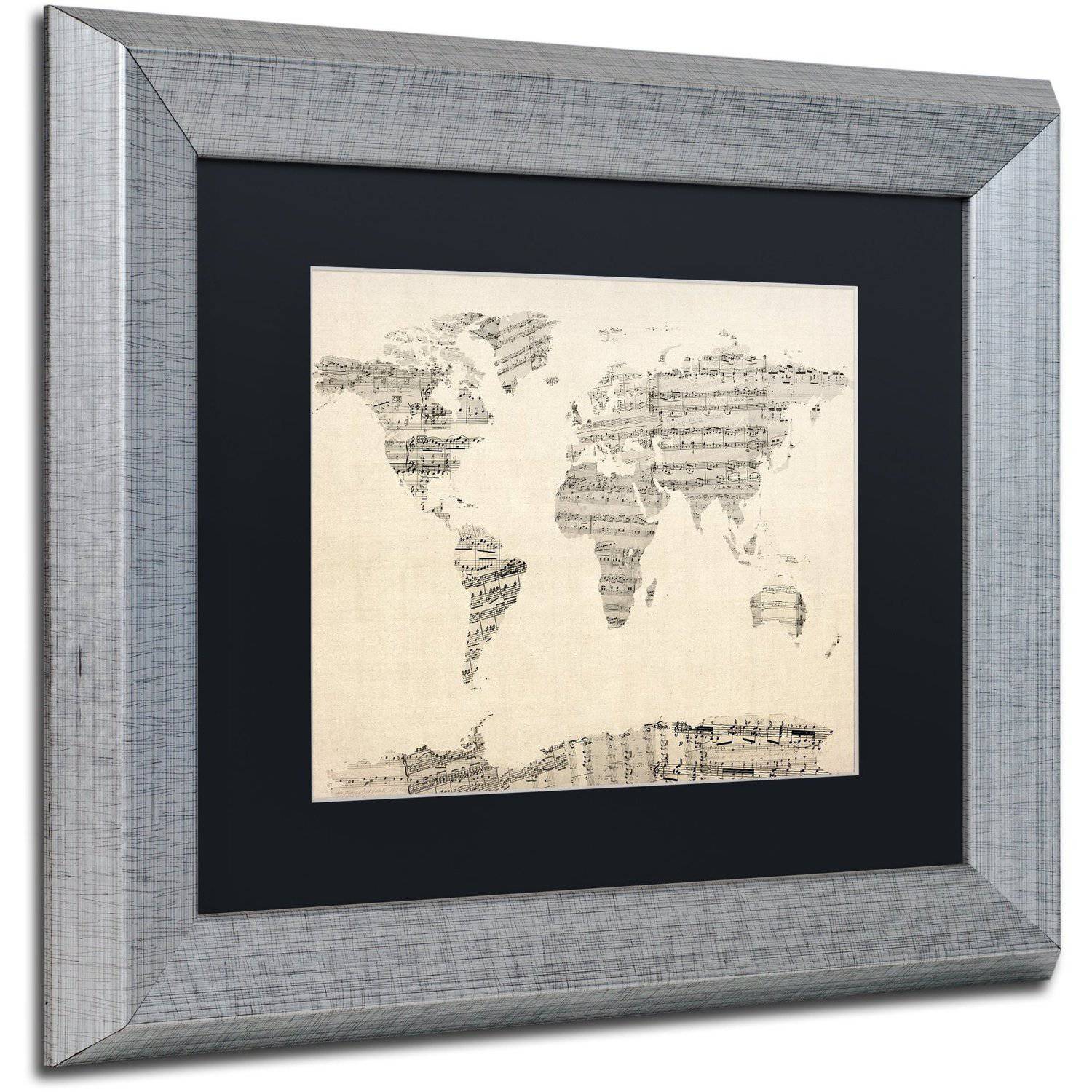 Trademark Fine Art "Old Sheet Music World Map" Canvas Art by Michael Tompsett Black Matte, Silver Frame