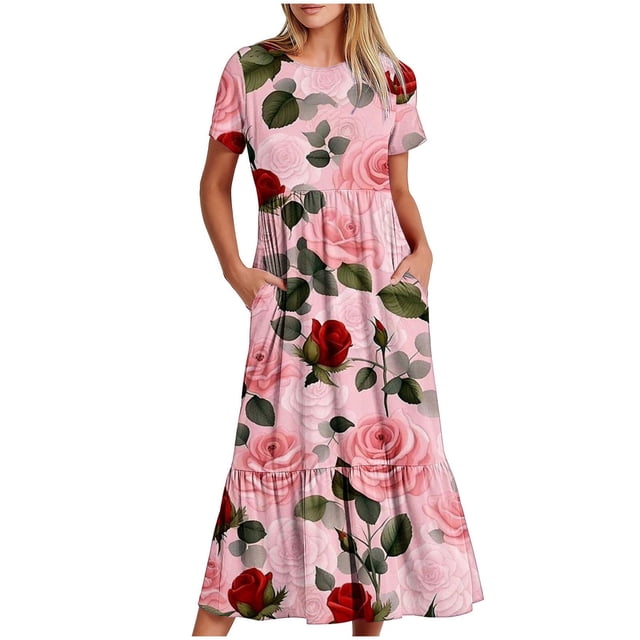 Jusqu'à 65 % de Rabais! Robes d'Été Mode pour Femmes 2024 Grande Taille Décontractées à Manches Courtes Col Ras du Cou Robe Décontractée Fluide à Étages Maxi Robe de Plage avec Poches Robe à Imprimé Dégradé
