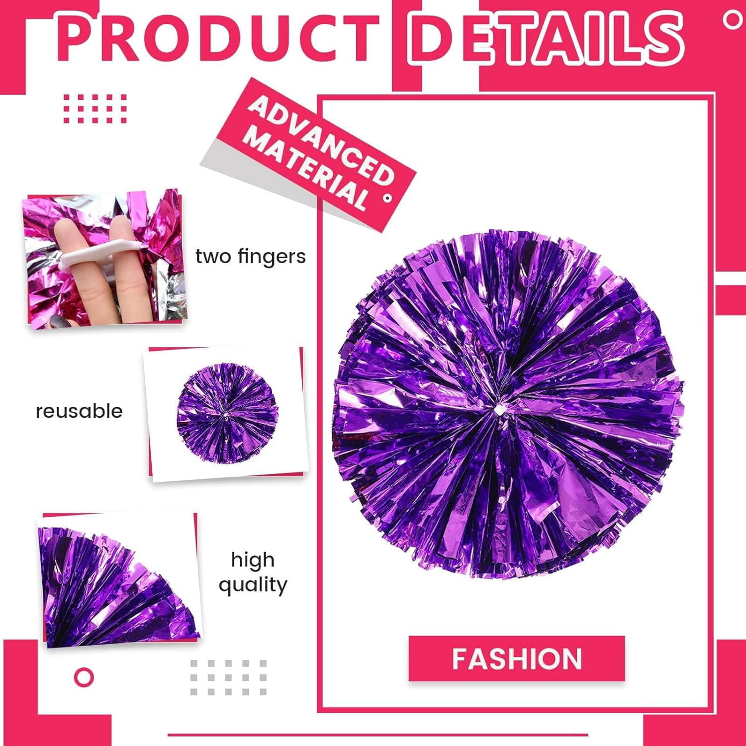 Zhangyh Pom Poms Cheerleading,Fluffy Cheerleader Pompoms with Finger Ring Handle,Metallic Pom Poms Cheerleading for Children Adults Sports Competition Holiday Celebration