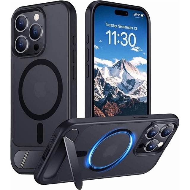 Funda con Soporte Magnético invisible, Delgada Translúcida Mate, para iPhone 15 Pro Max 6.7", Negro