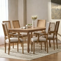 Noble House Midland Fabric Upholstered Wood and Cane 6-Seater Dining Set, Natural Brown and Beige