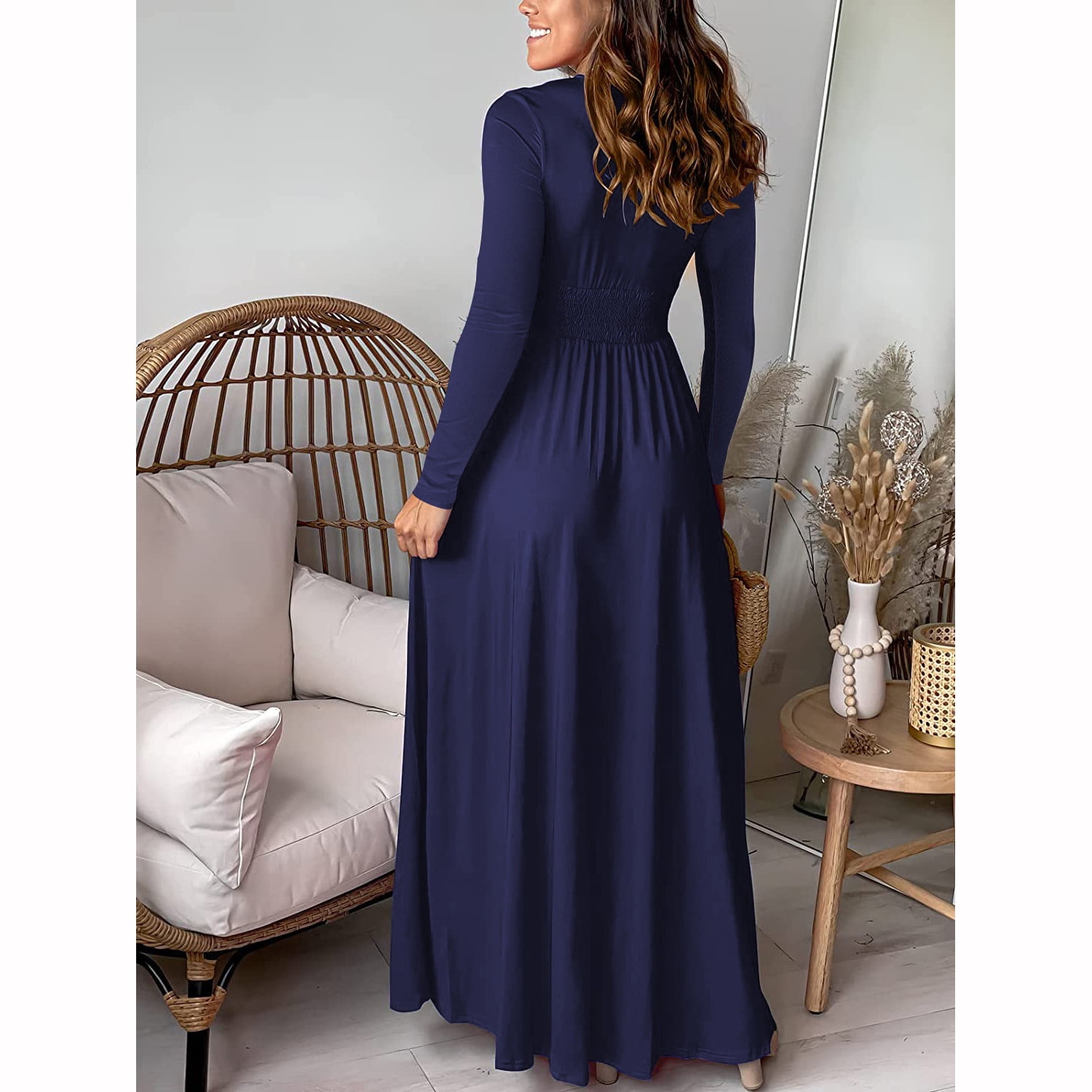 Long Sleeve Party Dress for Women Elegant Wedding Guest Evening Maxi Gown V Neck Pleated High Split Formal Dress (XX-Large, Navy)