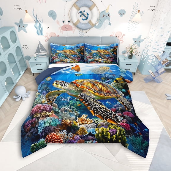 Erosebridal Sea Turtle Comforter Set Twin Size 3D Ocean Reptile Animal Bedding Set Sea Creatures Comforter Marine life Sealife Underwater World Quilt Set