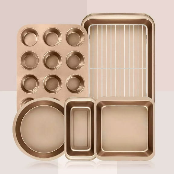 CHEF LANG 6 Pieces Baking Pans Set,Stackable Bakeware Set,Nonstick Baking Sheet Set for Oven,Complete Carbon Steel Bakeware Set,Dishwasher Safe,Gold