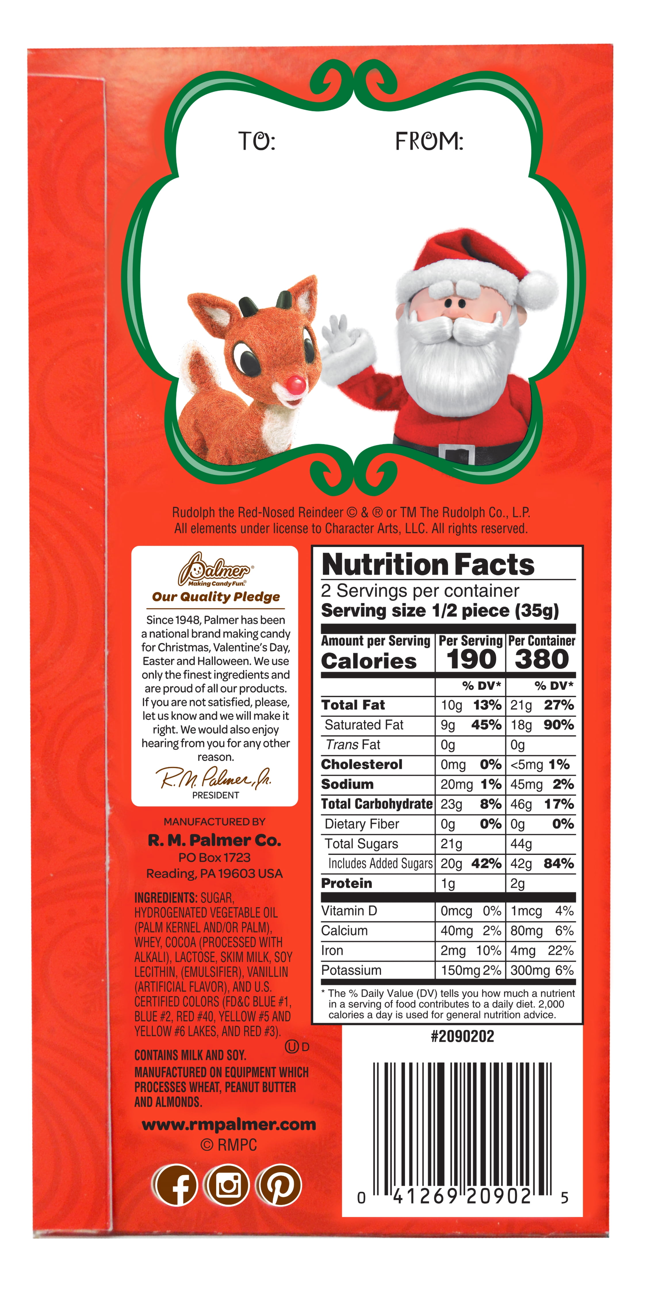 RM Palmer Rudolph The Red-Nosed Reindeer & Pals Chocolate Flavored Candy, 2.5 oz, Individual Box