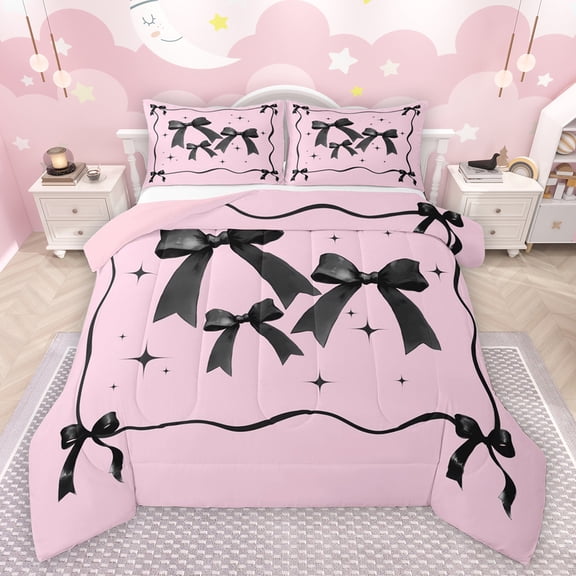 Feelyou Black Pink Bow-tie Bedding Comforter Set for Kid, Butterfly Knot Princess Twin Comforter Sets, Watercolor Bowknot Reversible Bedding Set, Microfiber Bedroom Decor, 2pcs