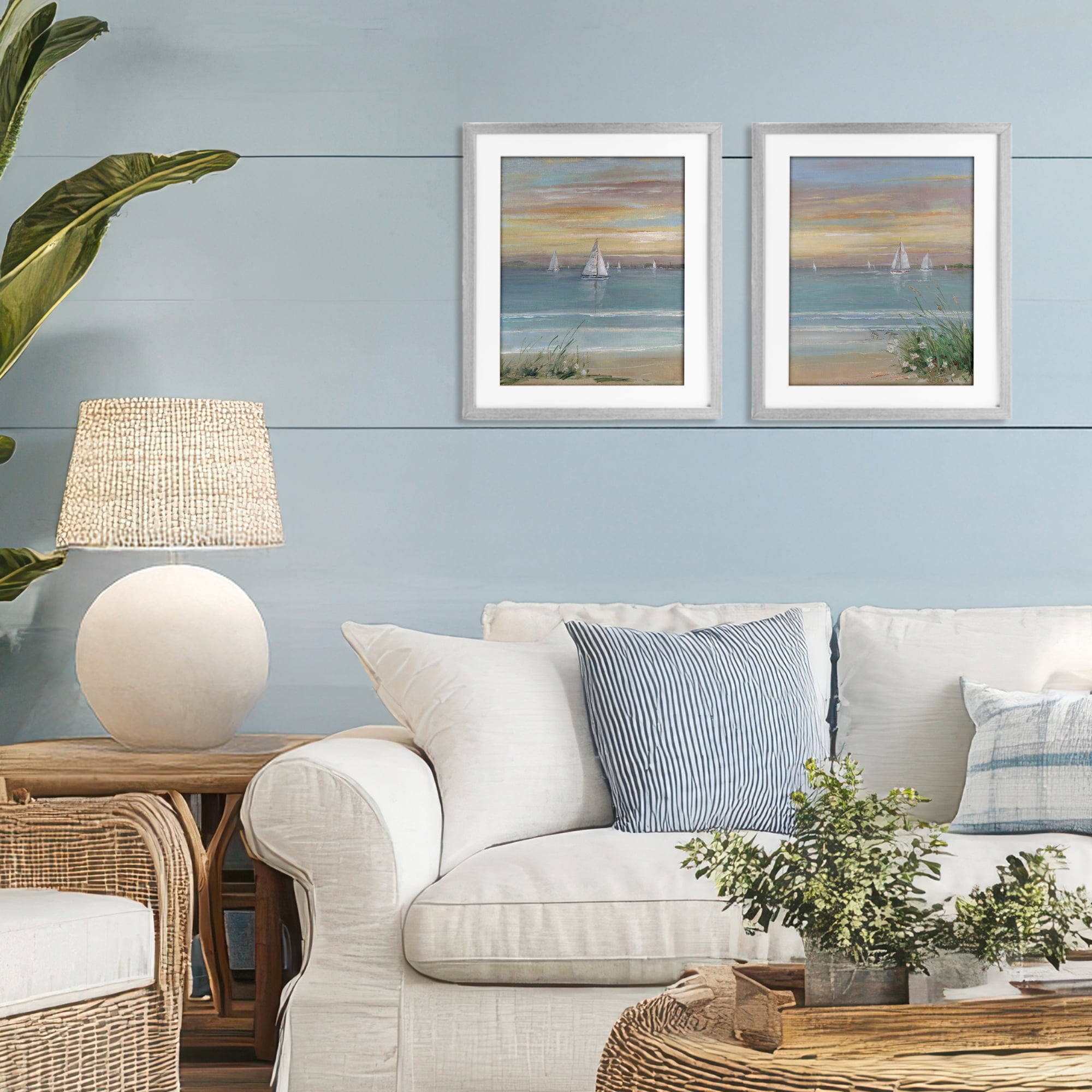 Stupell Industries Summer Shore Panorama 2 Piece Gray Framed Print Under Glass Set, design by Sally Swatland