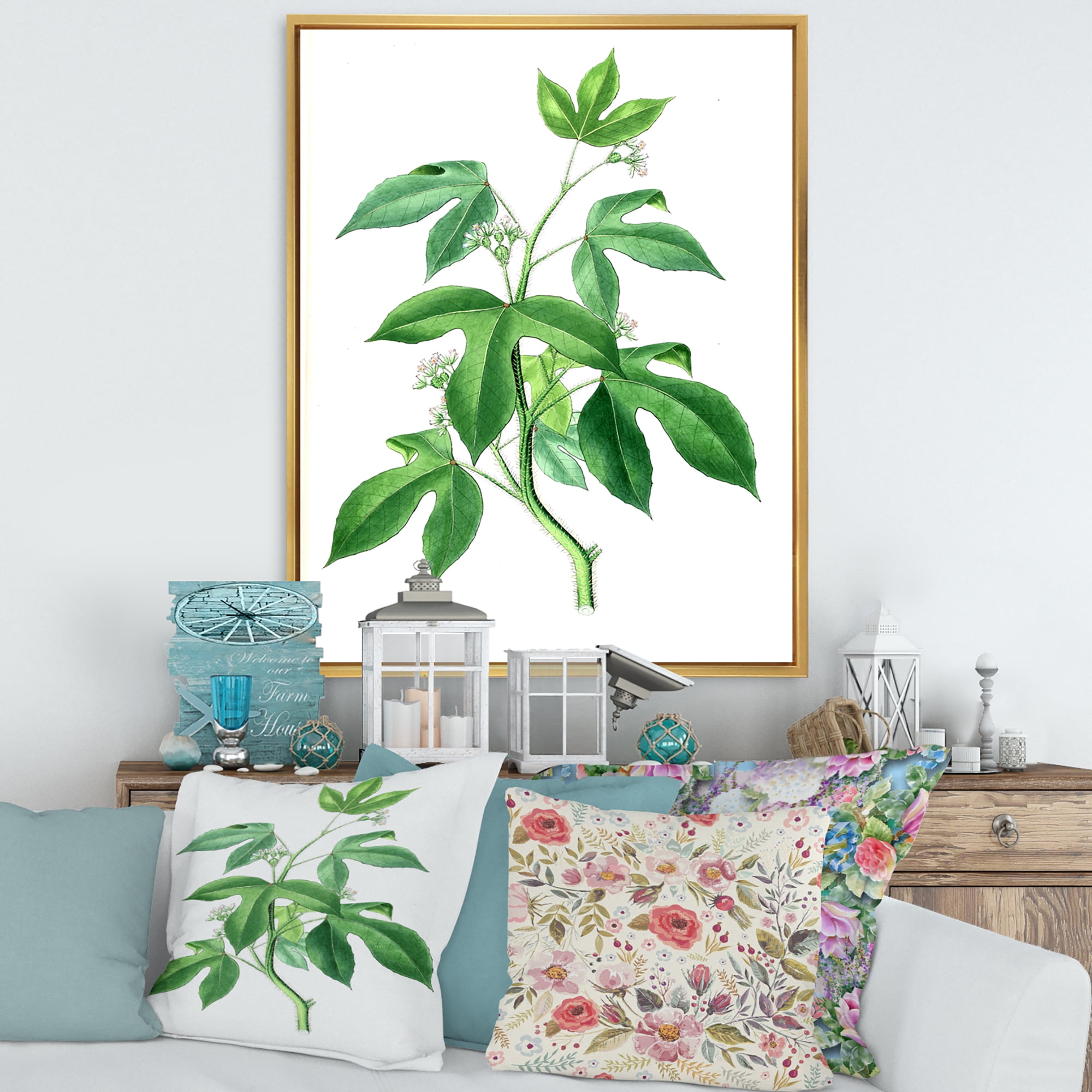 Designart 'Ancient Green Leaves Plants V' Traditional Framed Canvas Wall Art Print