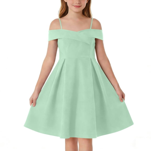 Busydd Girls Party Dress with Pockets 6-14 Years Trendy off Shoulder Spaghetti Strap Girls' Dresses Solid Color A-Line Girls Clothes 6-7 Years
