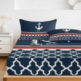thumbnail image 6 of Full Size Fitted Sheet Set - Navy Blue Anchor 3 Piece Bedding Sets 16" Deep Pocket Fitted Sheet with 2 Pillowcases Nautical Ocean Retro Striped Geometric Brushed Microfiber Hotel Luxury Bed Sheets, 6 of 9