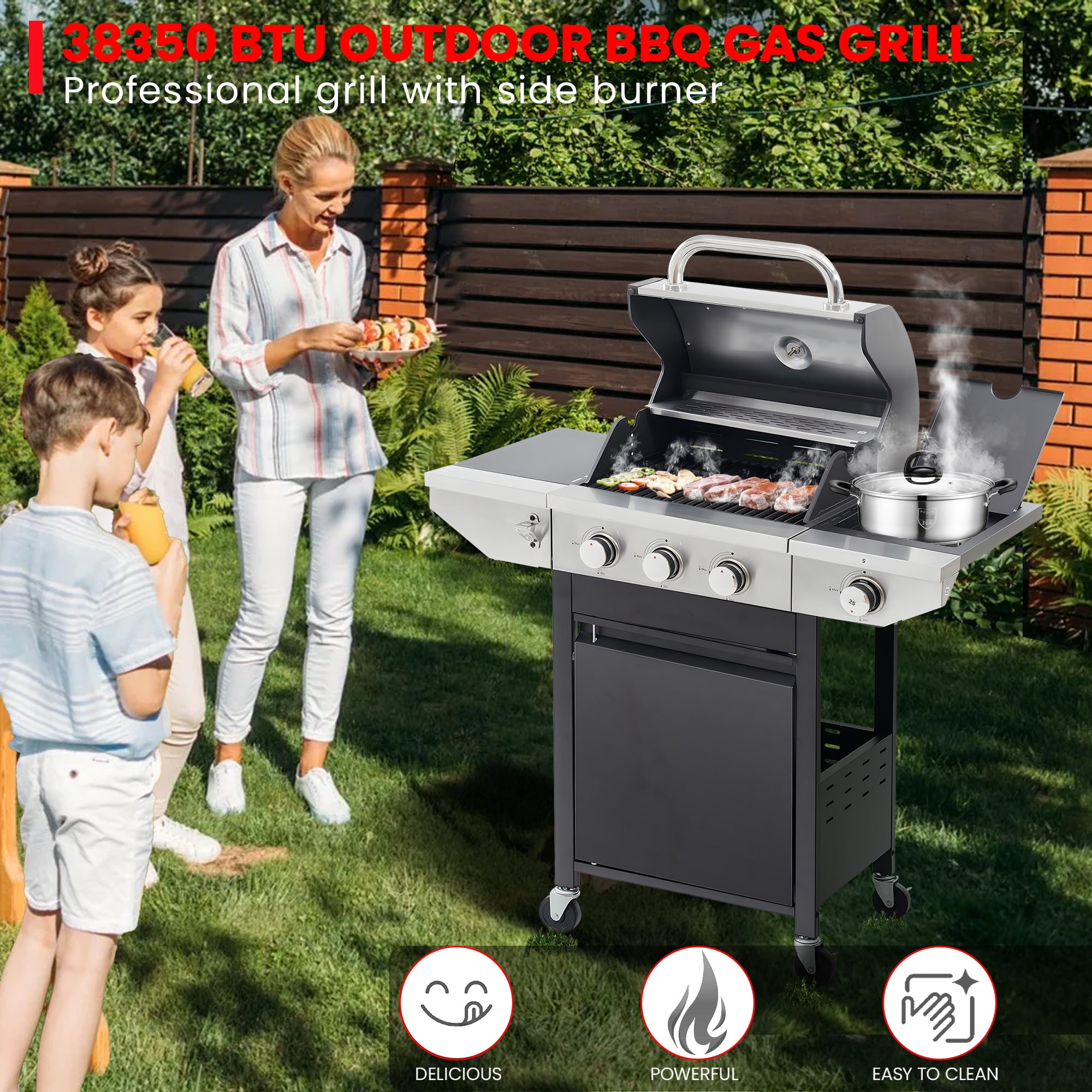 Seizeen Propane Gas Grill, 3 Burners BBQ Grill with Side Burner, Outdoor Camping Grill 430 Stainless Steel, 37150BTU, One-button Ignition System, Thermometer, 4 Wheels