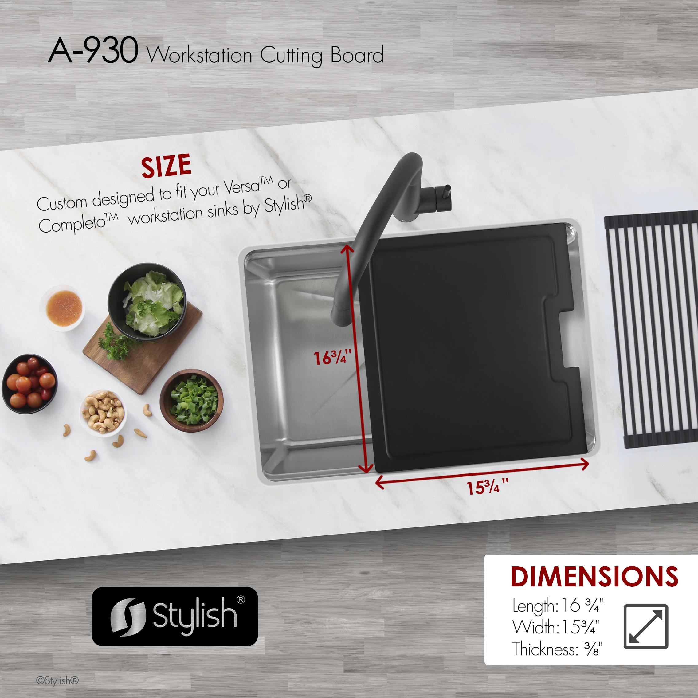 Stylish 16-3/4" Black Wood Fiber Workstation Cutting Board A-930