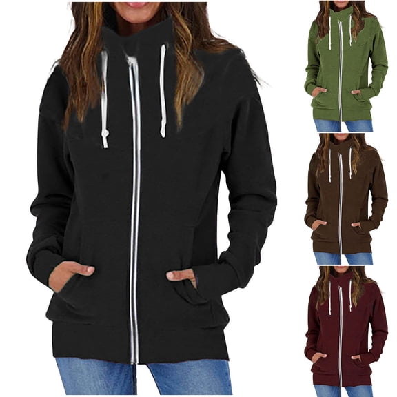 HAPIMO Sales Hoodie Zipper Sweatshirts for Women Casual Color Block Turtleneck Drawstring Coat Top Outdoor Clothes Jacket Outerwear Wine S