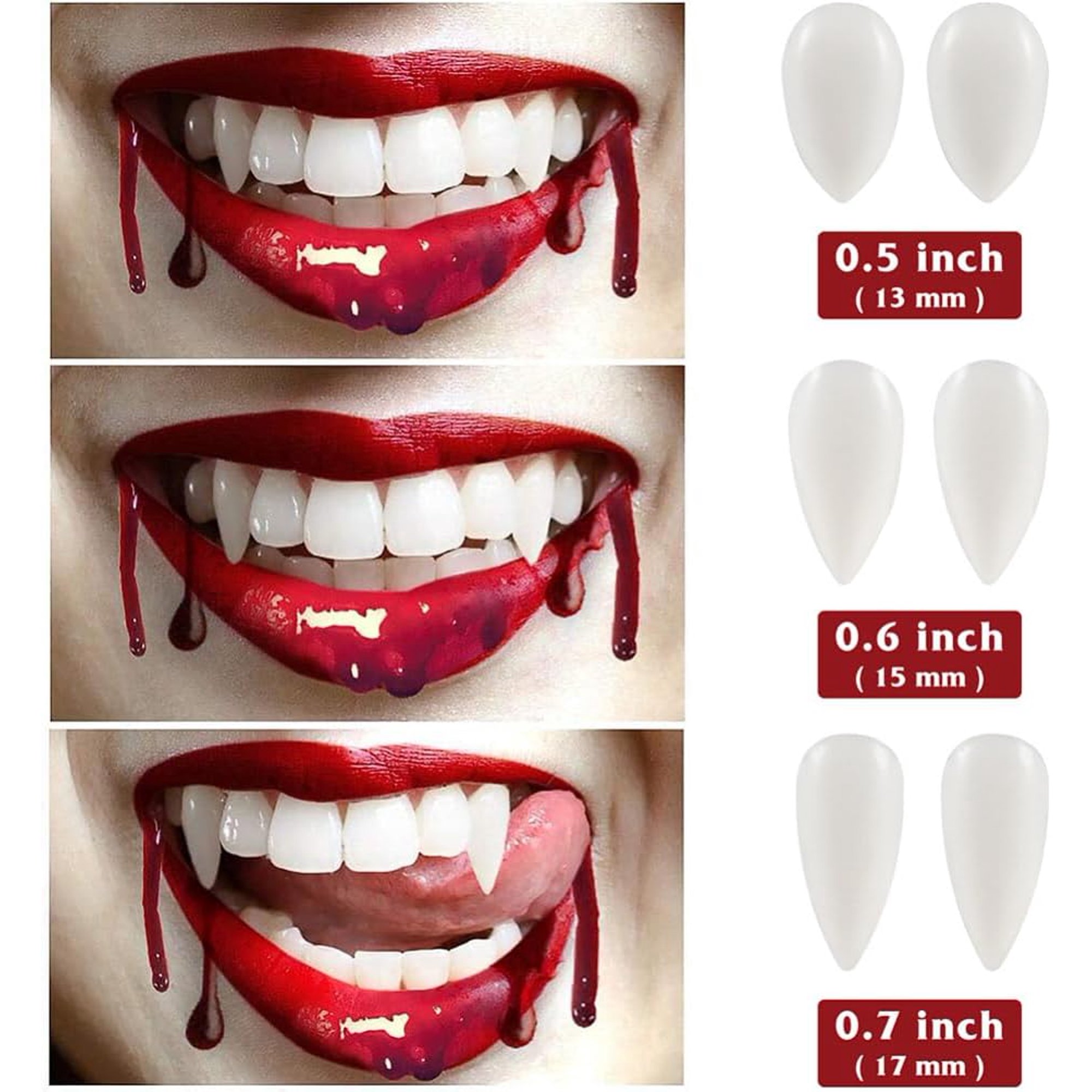 Dents De Vampire Pour Halloween - 4 Paires De Tailles Différentes (13 à 19 Mm) Avec Colle - Résine Réaliste