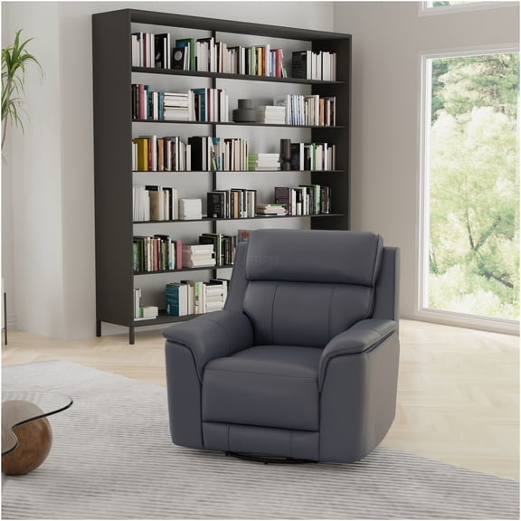 JERFIT Oslo 360 Swivel Glider Recliner Chair, Manual Recliner with Gliding Motion, Sapphire Blue Genuine Leather, for Living Room, Nursery