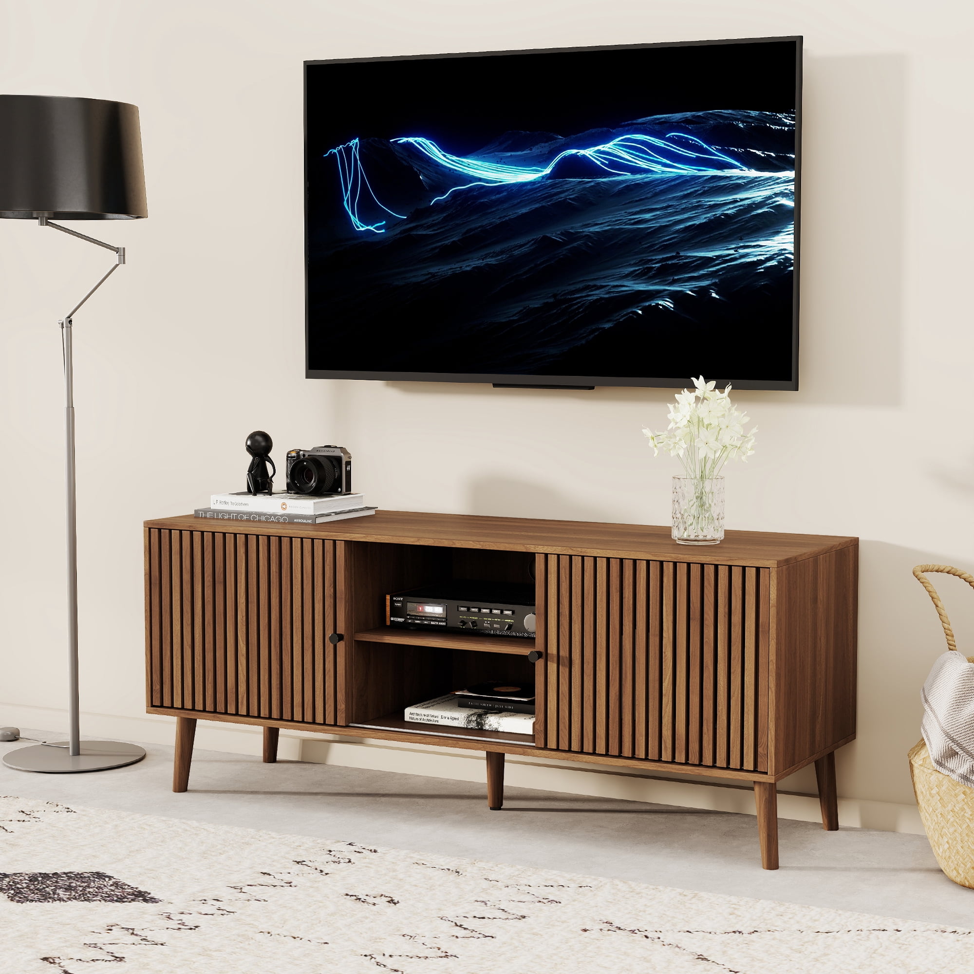 Oubayajia Mid-Century Modern 51" TV Stand for TVs up to 60”, Wood TV Console with Waveform Sliding Doors and Storage, Entertainment Center for Living Room Bedroom, Walnut