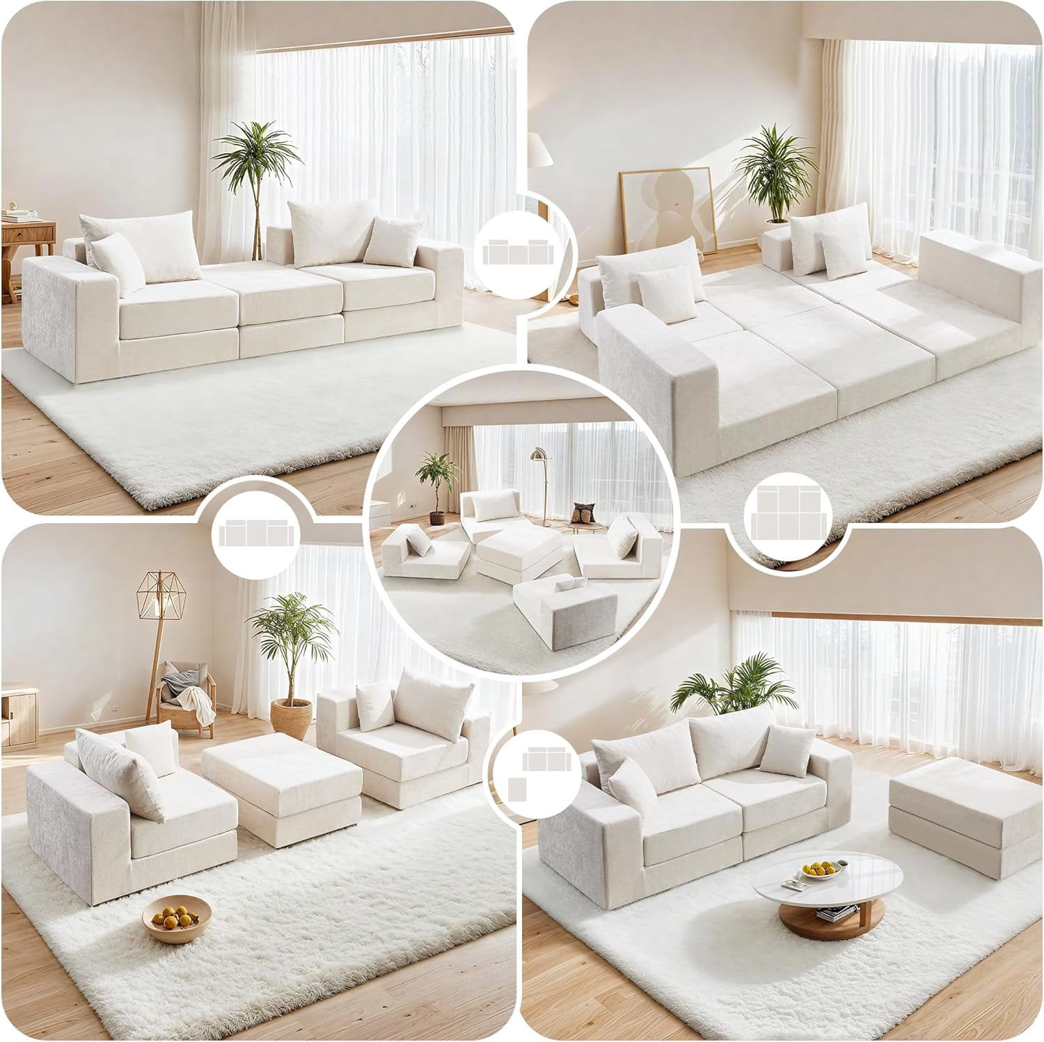 79" Boneless Cloud Loveseat Sofa with Ottoman, Modular Chenille Convertible Floor Couch Bed, No Assembly, Beige